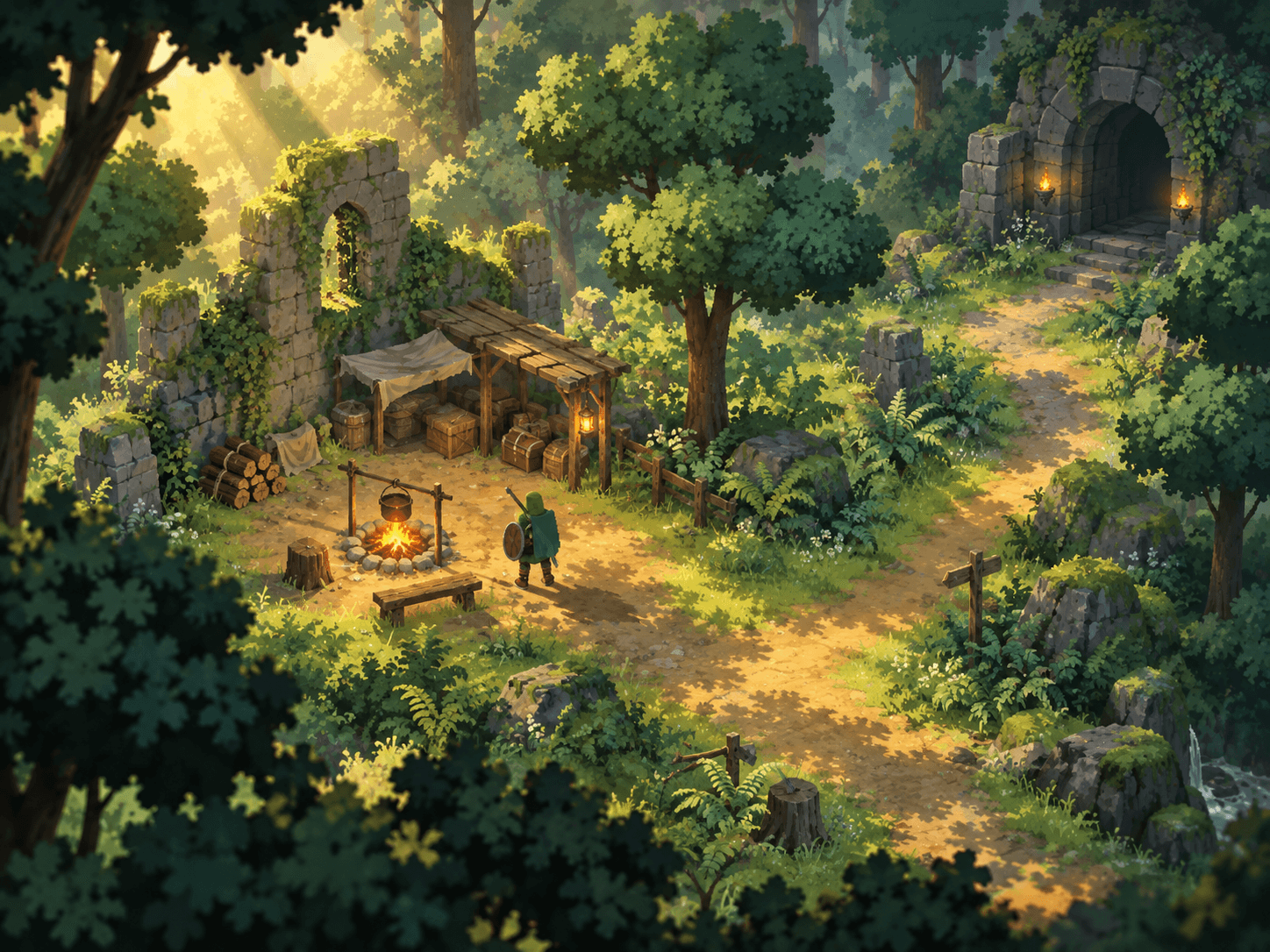 Camp & Dungeon concept cover: a woodland campfire, ruins and a green-cloaked traveller, not gameplay