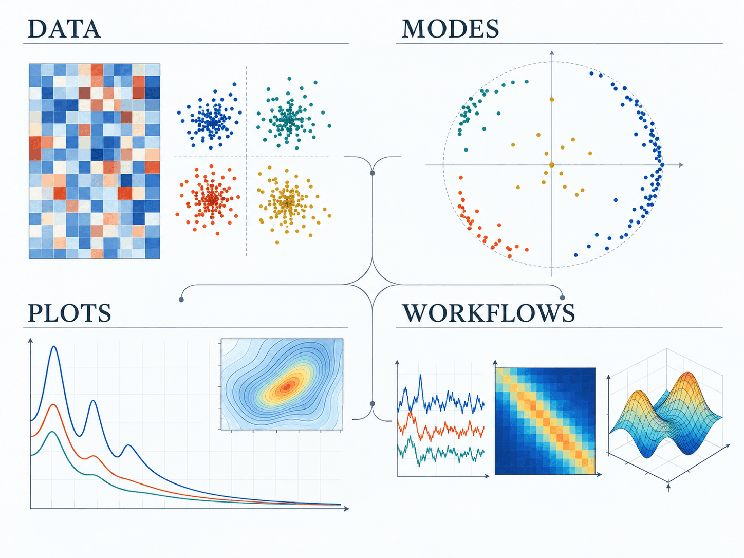 Scientific tools research-style schematic: data matrices, eigenvalue samples, spectra and visualization workflows, not computed data
