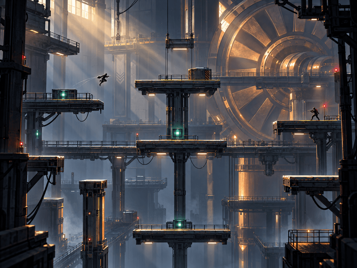 Spirefall concept cover: a monumental turbine and multi-level industrial platforms, not gameplay