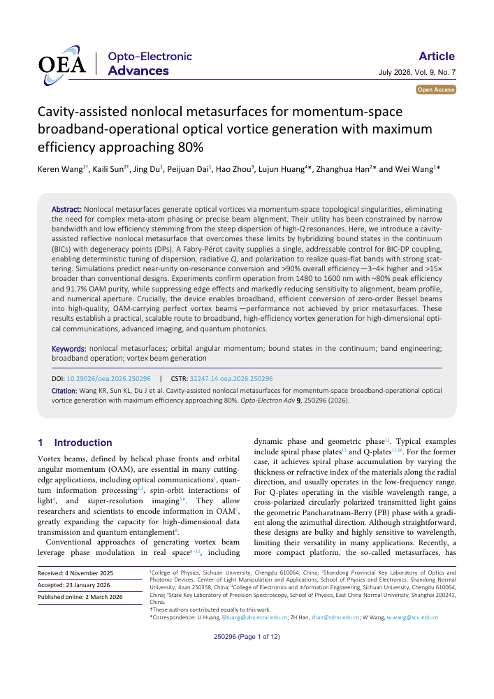 Cavity-assisted nonlocal metasurfaces for momentum-space broadband-operational optical vortice generation with maximum efficiency approaching 80%, first article page
