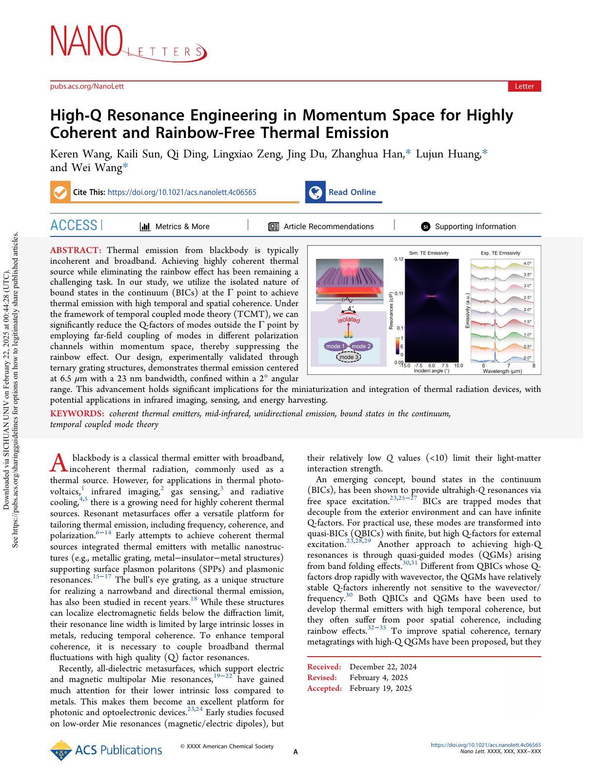 High-Q resonance engineering in momentum space for highly coherent and rainbow-free thermal emission, first article page